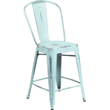 24" High Distressed Dream Blue Metal Indoor Counter H Stool With Back