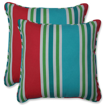Outdoor/Indoor Aruba Stripe Turq/Coral 16.5-inch Throw Pillow, Set of 2