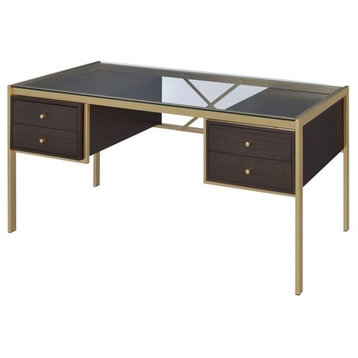 ACME Yumia Glass Rectangle Top 4-Drawer Writing Desk in Gold and Clear Glass
