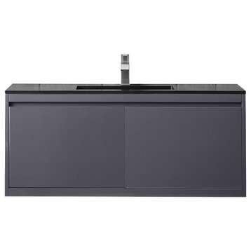 Milan 47.3" Single Vanity Cabinet, Modern Grey Glossy W/charcoal Black  Top