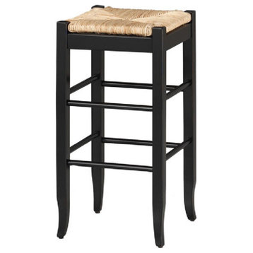 Rush Woven Wooden Frame Barstool With Saber Legs, Beige And Black