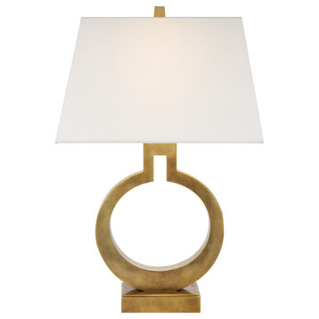 Ring Form Small Table Lamp in Antique-Burnished Brass with Linen Shade