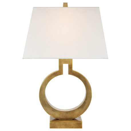 Ring Form Small Table Lamp in Antique-Burnished Brass with Linen Shade