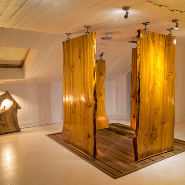 open plan double shower using live edged wooden slabs