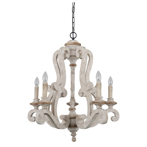 Antique 5 Light Wooden Candle Chandelier, Distressed White Antique 5 Light Wooden Candle Chandelier, Distressed White