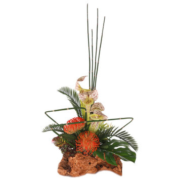 High Style Ikebana Tropical Arrangement, Natural Rustic Wood Bowl