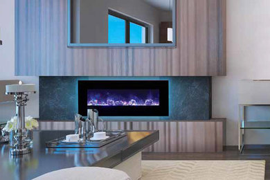 Example of a large trendy formal dark wood floor living room design in Salt Lake City with white walls, a ribbon fireplace, a wood fireplace surround and no tv