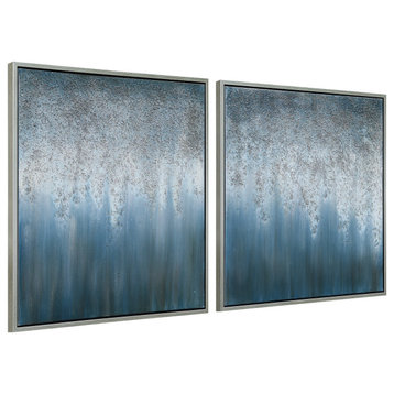 Blue Rain Abstract Textured Metallic Hand Painted Wall Art Diptych Set Canvas