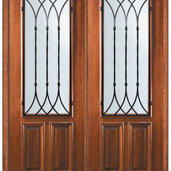 Pre-hung Double Door 96 Wood Mahogany Warwick 2/3 Lite Wrought Iron - Front Doors