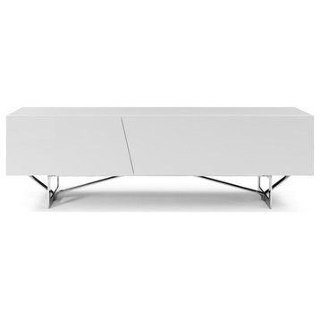 Aimo Tv Stand, White High Gloss Lacquer Body and Stainless Steel Legs