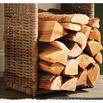 Wide Rattan Open Log Stacking Basket Firewood Holder 20 in Fireplace Cottage