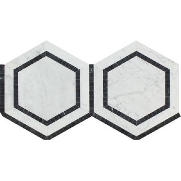 Carrara White Marble Polished 5" Hexagon Combination Mosaic Tile w / Black