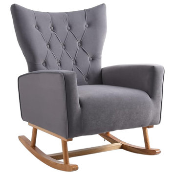 Modern Rocking Chair, Padded Seat With Diamond Button Tufted Wingback, Gray