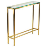 Cortesi Home - Cortesi Home Julie Console Table, Brushed Gold & Glass - The Julie glass console table by Cortesi Home combines style and modern simplicity. Featuring a high gloss gold finish frame and durable tempered glass. The Gold legs along with the solid glass top give it a modern sophisticated look that is ideal for any space. At only 8 inches deep you will be able to find room for this table at any hallway, bathroom, or living room.