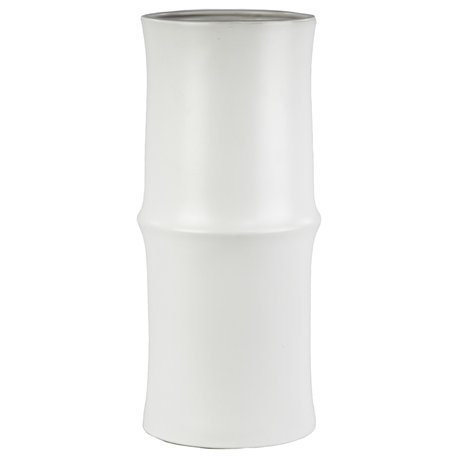 Round Ceramic Vase Molded in Bamboo Branch Matte White Finish, Small