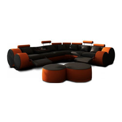 3087 MODERN BLACK AND ORANGE LEATHER SECTIONAL SOFA AND COFFEE TABLE - Sectional Sofas