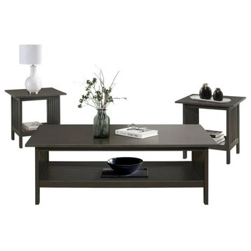 3 Pieces Coffee Table Set, Rubberwood Frame With Slatted Sides, Antique Gray