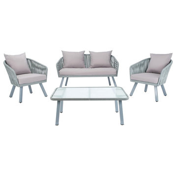 4 Pieces Patio Set, Glass Coffee Table With Padded Chairs & Bench, Grey/Grey