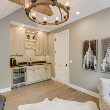 Reclaimed Wood Ceiling Beam in Home Office Wet Bar