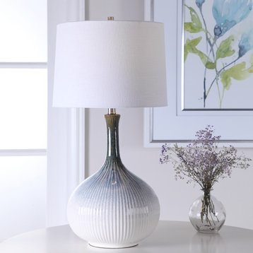 Mid Century Modern Fluted Ceramic Table Lamp Blue Cream Ribbed Retro Elegant