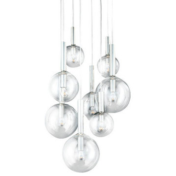 Bubbles 8-Light Cluster Pendant With Polished Nickel Finish and Clear Shade