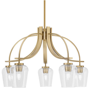 Cavella 5 Light, Downlight Chandelier, New Age Brass Finish, 5" Clear Bubble