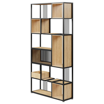 Modern Black Steel Geometric Bookcase 6-Tier Bookshelf Wooden Tall Book Shelf