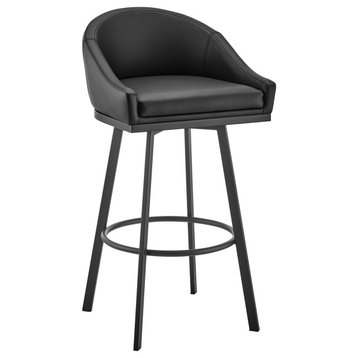 Noran Swivel Counter Stool in Black Metal with Black Faux Leather