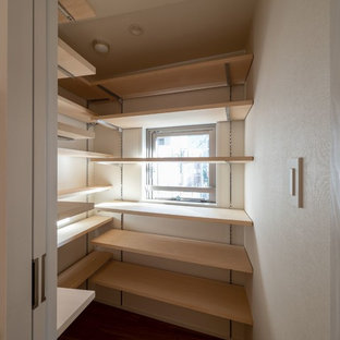 Huge modern kitchen pantry designs - Inspiration for a huge modern single-wall light wood floor and brown floor kitchen pantry remodel in Tokyo with light wood cabinets and an island