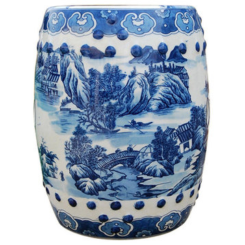 Chinese Blue and White Blue Willow Hexagonal Garden Stool 18"