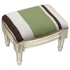 Stripes Wool Needlepoint Antique White Wash Wooden Footstool, Green and Brown