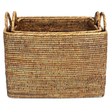 Rattan Rectangular Nested Baskets With  Loop Handles, Set of 2