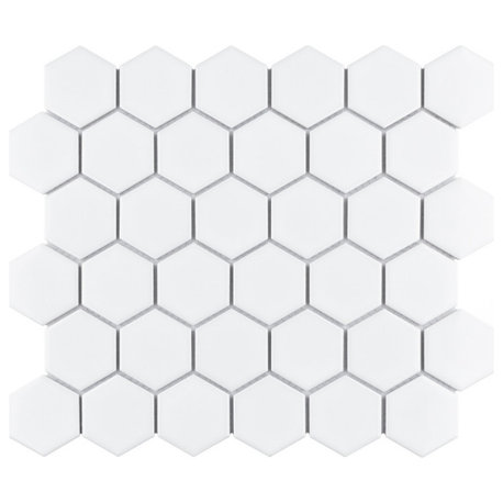 Metro Hex Matte 2" Porcelain Mosaic Floor and Wall Tile, Matte Grey, Glossy White