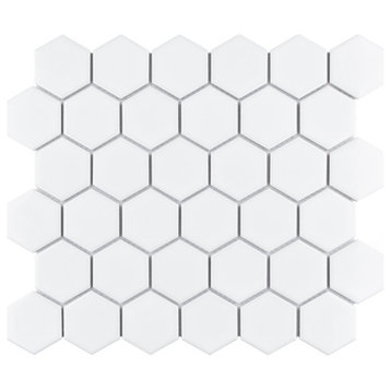 Metro Hex Matte 2" Porcelain Mosaic Floor and Wall Tile, Glossy White