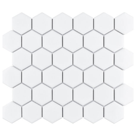 Metro Hex Matte 2" Porcelain Mosaic Floor and Wall Tile, Glossy White