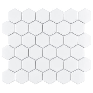 Metro Hex Matte 2" Porcelain Mosaic Floor and Wall Tile, Matte Grey, Glossy White