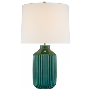 Braylen Medium Ribbed Table Lamp 1-Light Emerald Green Crackle Linen Shade 29"H