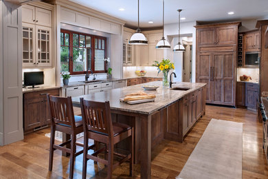 Kitchen - rustic kitchen idea in Denver with flat-panel cabinets and brown cabinets