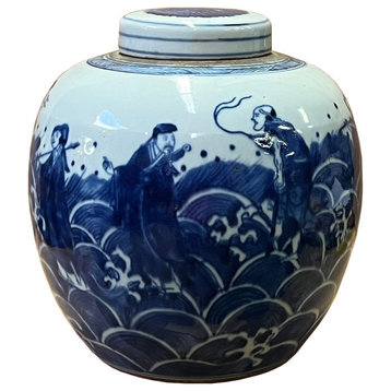 Chinese Hand-paint 8 Immortal Blue White Porcelain Ginger Jar Hws2819