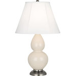 Robert Abbey - Robert Abbey S DBL Gourd Silk Silver AL Double Gourd 23" Vase - Bone - Features Constructed from ceramic Includes an ivory stretched fabric shade Includes an energy efficient Medium (E26) base LED bulb 3 Way switch Manufactured in America UL rated for dry locations Dimensions Height: 22-3/4" Width: 13" Product Weight: 8 lbs Shade Height: 9-1/2" Shade Top Diameter: 7" Shade Bottom Diameter: 13" Electrical Specifications Max Wattage: 150 watts Number of Bulbs: 1 Max Watts Per Bulb: 150 watts Bulb Base: Medium (E26) Voltage: 110 volts Bulb Included: Yes