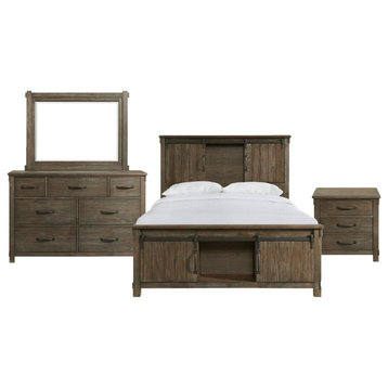 4 Pieces Bedroom Set, Queen Storage Bed, Nightstand & Dresser With Mirror, Brown