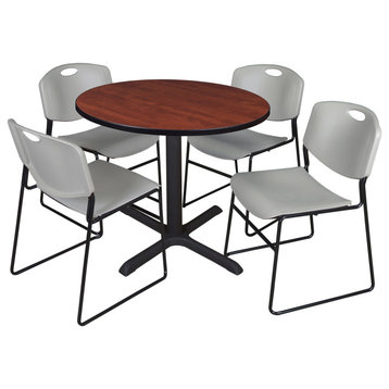 Cain 36" Round Breakroom Table- Cherry & 4 Zeng Stack Chairs- Grey
