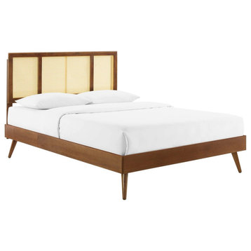 Cane Bed, Woven Rattan Bed, Art Moderne Slat Platform Bed, Walnut, Queen
