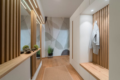 Design ideas for a medium sized contemporary hallway in Berlin with light hardwood flooring.