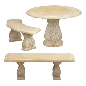 Pergola Angled Outdoor Cast Stone Garden Bench Set Traditional