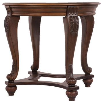 Classic End Table, Curved Base With Round Glass Top & Metal Accents, Dark Brown