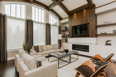Living room - mid-sized transitional formal and open concept dark wood floor and brown floor living room idea in Edmonton with white walls, a ribbon fireplace, a tile fireplace and a wall-mounted tv