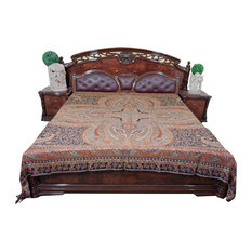 Mogul Interior - Throw Orange Self Design Indian Jamawar Bedspreads King Sz - Blankets