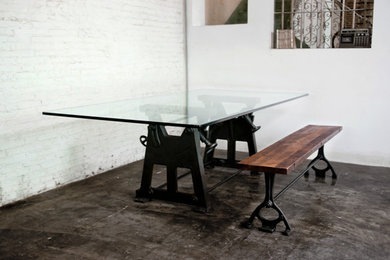 Industrial glass-top dining table