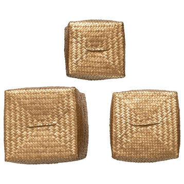 Hand-Woven Seagrass Baskets With Lids, Gold, 3-Piece Set